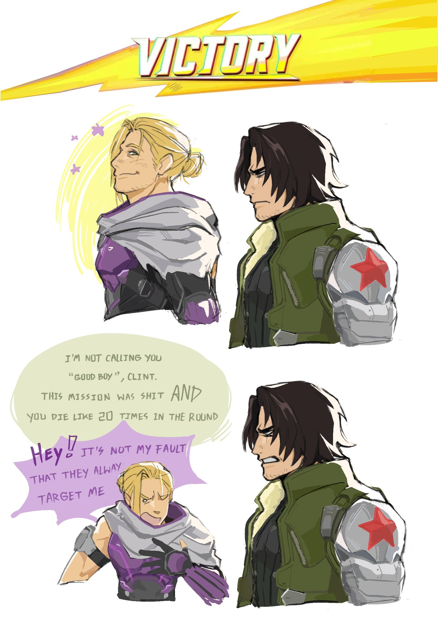 2boys armor black_gloves black_shirt blonde_hair blue_eyes blush brown_hair bucky_barnes clint_barton closed_mouth commentary english_commentary english_text fur-trimmed_vest fur_trim gauntlets gloves green_vest grey_scarf hair_bun hand_on_own_chest hand_up hawkeye_(marvel) highres i'm_not_calling_you_"good_boy"_(meme) looking_at_another malimimie marvel marvel_rivals meme multiple_boys open_clothes open_mouth open_vest partially_fingerless_gloves prosthesis prosthetic_arm purple_armor scar scar_across_eye scar_on_face scarf shirt short_hair simple_background single_bare_shoulder smile star_(symbol) teeth upper_body v-shaped_eyebrows vest white_background winter_soldier