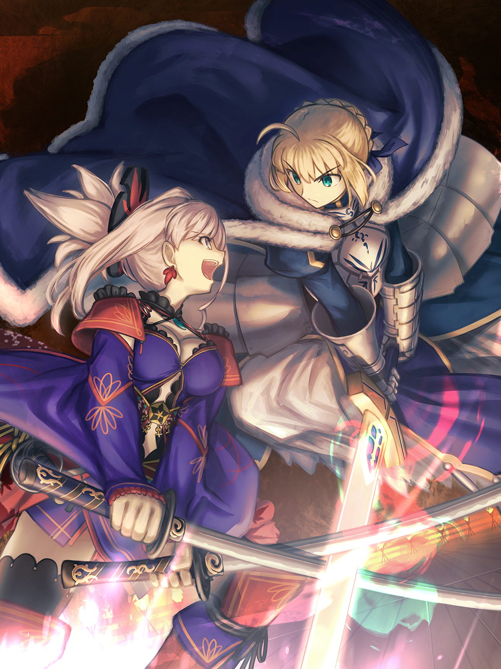 2girls ahoge armor armored_dress artoria_pendragon_(fate) asymmetrical_hair blonde_hair blue_cape blue_eyes blue_kimono blue_ribbon braid braided_bun breastplate breasts bun_with_braided_base cape closed_mouth detached_sleeves dress dual_wielding duel earrings excalibur_(fate/stay_night) fate/grand_order fate_(series) fighting fighting_stance gauntlets gloves glowing glowing_sword glowing_weapon green_eyes hair_between_eyes hair_bun highres holding holding_sword holding_weapon japanese_clothes jewelry katana kimono leaf_earrings leaf_print long_hair long_sleeves looking_at_another maple_leaf_print medium_breasts miyamoto_musashi_(fate) miyamoto_musashi_(second_ascension)_(fate) multiple_girls open_mouth pink_hair ponytail ribbon saber_(fate) sash shoori_(migiha) short_hair short_kimono sleeveless sleeveless_kimono sword takeuchi_takashi_(style) weapon
