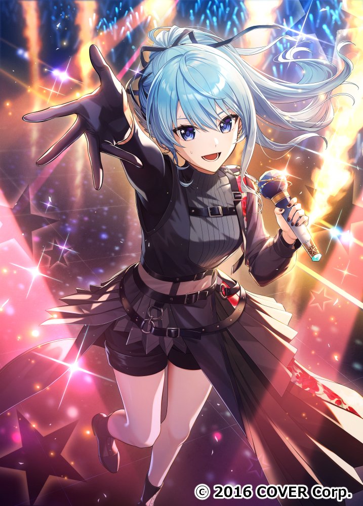 1girl asymmetrical_sleeves black_bow black_overskirt black_shirt black_shoes black_shorts blue_eyes blue_hair blush bow chain chest_harness commentary_request company_name copyright_notice covered_navel foot_out_of_frame freestyle18 glint gloves glowstick hair_bow hair_ornament hair_ribbon harness high_ponytail holding holding_microphone hololive hoshimachi_suisei hoshimachi_suisei_(shout_in_crisis) layered_skirt long_hair long_sleeves looking_at_viewer microphone mismatched_sleeves nail_polish o-ring official_alternate_costume official_alternate_hairstyle official_art open_hand open_mouth outstretched_arm penlight_(glowstick) perspective pleated_skirt ponytail ribbon see-through_clothes see-through_midriff shirt shoes shorts sidelocks single_glove skirt skort solo stage stage_lights standing standing_on_one_leg star_(symbol) star_in_eye symbol_in_eye turtleneck turtleneck_shirt virtual_youtuber