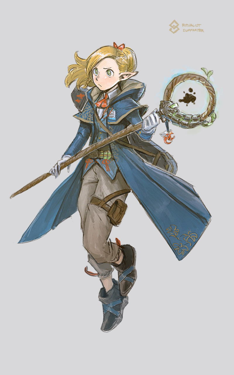 1girl :/ adapted_costume ambrosia_(dungeon_meshi) arknights black_footwear blonde_hair blue_capelet blue_coat brown_pants capelet coat commentary dungeon_meshi elf english_commentary english_text full_body gloves go-lurk green_eyes grey_background highres id_card long_hair mage_staff marcille_donato neck_ribbon open_clothes open_coat pants pointy_ears red_ribbon ribbon shirt simple_background solo staff standing white_gloves white_shirt wing_collar