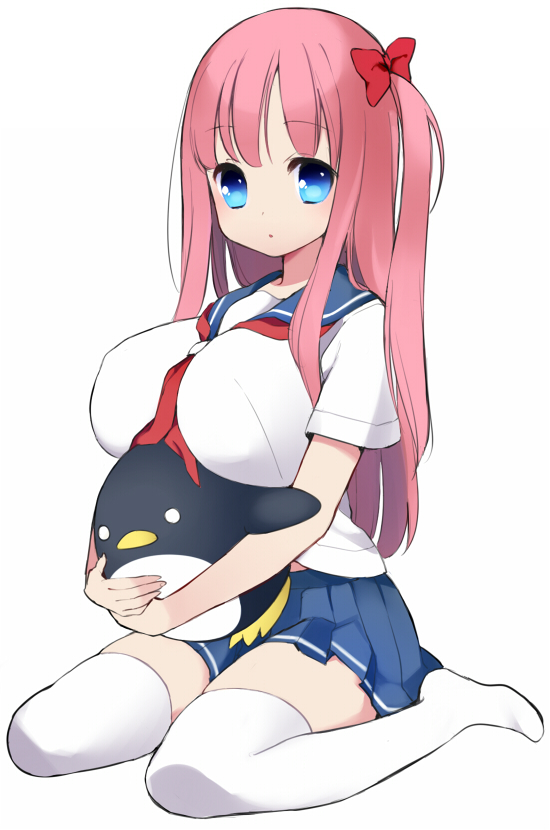 1girl blue_eyes bow breast_hold breasts etopen female_focus full_body hair_bow haramura_nodoka holding huge_breasts itsumi_(itumiyuo) long_hair looking_at_viewer miniskirt neckerchief no_shoes pink_hair pleated_skirt saki_(manga) school_uniform serafuku simple_background sitting skirt solo stuffed_animal stuffed_penguin stuffed_toy thighhighs wariza white_background white_thighhighs