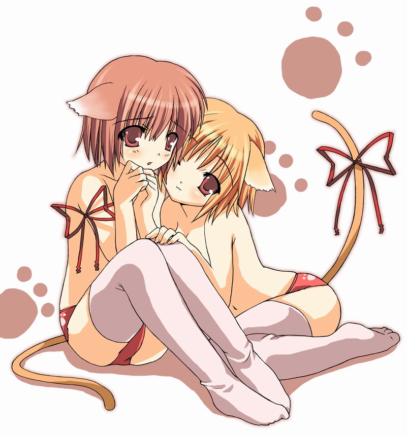 2girls :3 animal_ears artist_request blonde_hair blush brown_hair cat_ears cat_girl cat_tail copyright_request multiple_girls navel no_bra one_eye_closed open_mouth panties paw_print print_panties red_eyes red_hair red_panties ribbon short_hair shoulder_ribbon side-tie_panties sitting tail tail_ornament tail_ribbon thighhighs topless_female underwear white_background white_thighhighs wink yuri