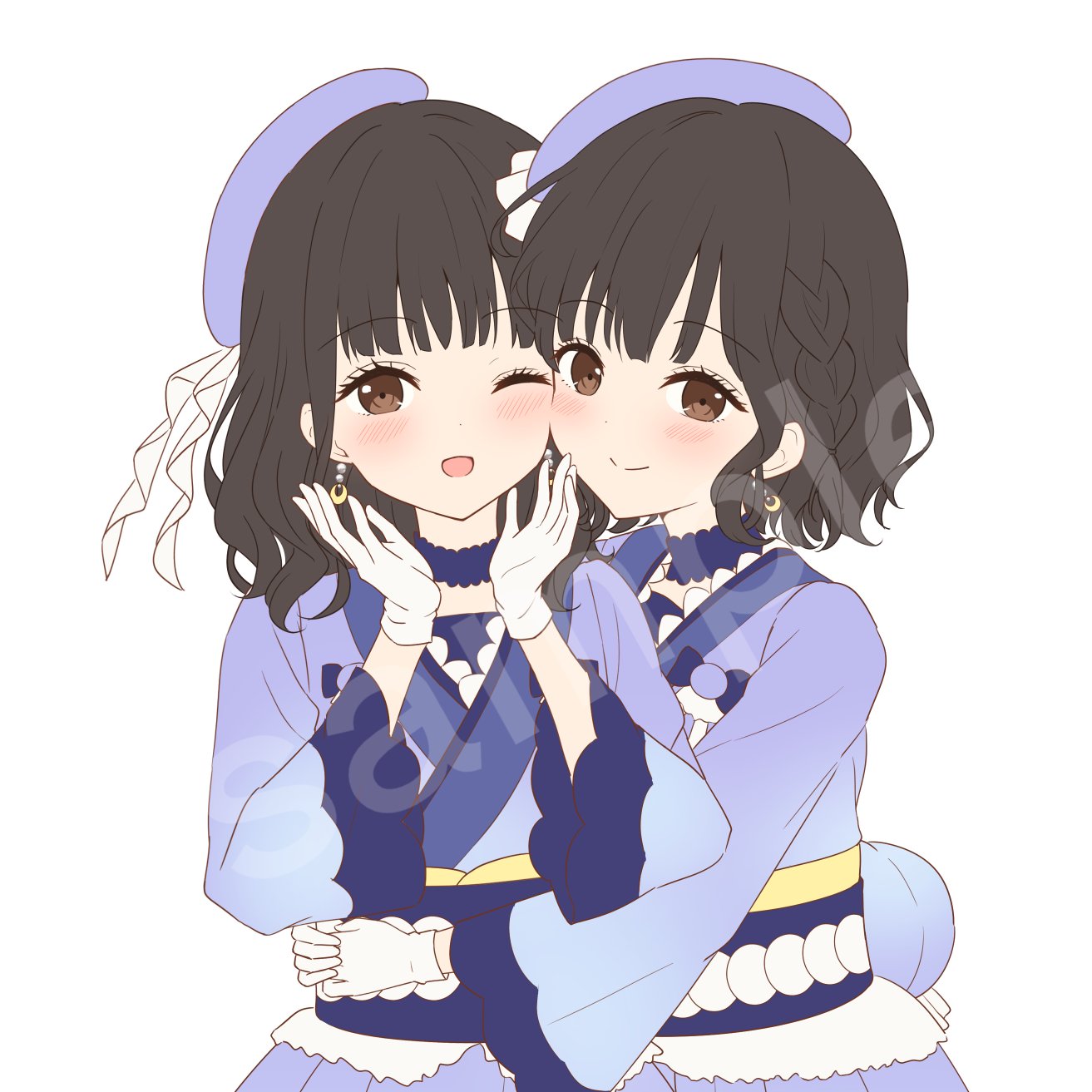 2girls ;d animification beret blue_skirt blunt_bangs blush braid brown_eyes brown_hair closed_mouth commentary_request crescent crescent_earrings earrings flower_stand_art gloves hanazora_satsuki hat highres hug japanese_clothes jewelry kimono link!_like!_love_live! long_sleeves love_live! love_live!_series_asia_tour_2024 medium_hair multiple_girls nirei_nozomi one_eye_closed open_mouth purple_hat purple_kimono purple_skirt real_life sakurai_hina sample_watermark side_braid sidelocks simple_background skirt smile tilted_headwear tsukuyomi_kurage unfinished voice_actor watermark wavy_hair white_background white_gloves