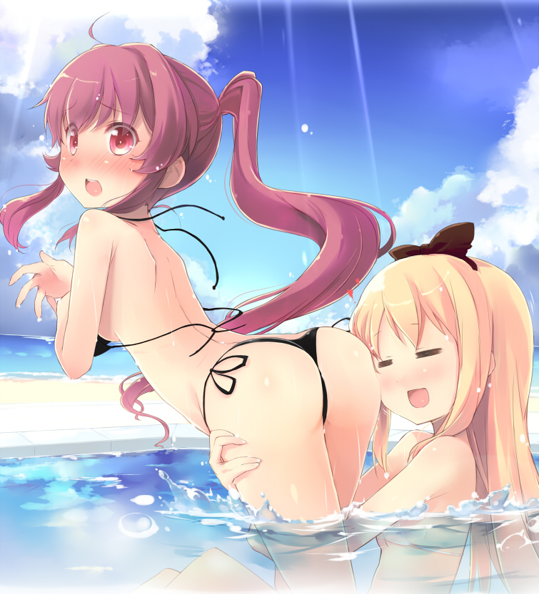 2girls :d =_= ahoge ass beach bikini black_bikini blonde_hair blush bow breasts closed_eyes cloud day face_in_ass hair_bow head_on_ass long_hair multiple_girls open_mouth outdoors partially_submerged ponytail pool purple_eyes purple_hair revision shin_(new) side-tie_bikini_bottom small_breasts smile sugiura_ayano swimsuit thong_bikini toshinou_kyouko untied_bikini wardrobe_malfunction water yuri yuru_yuri