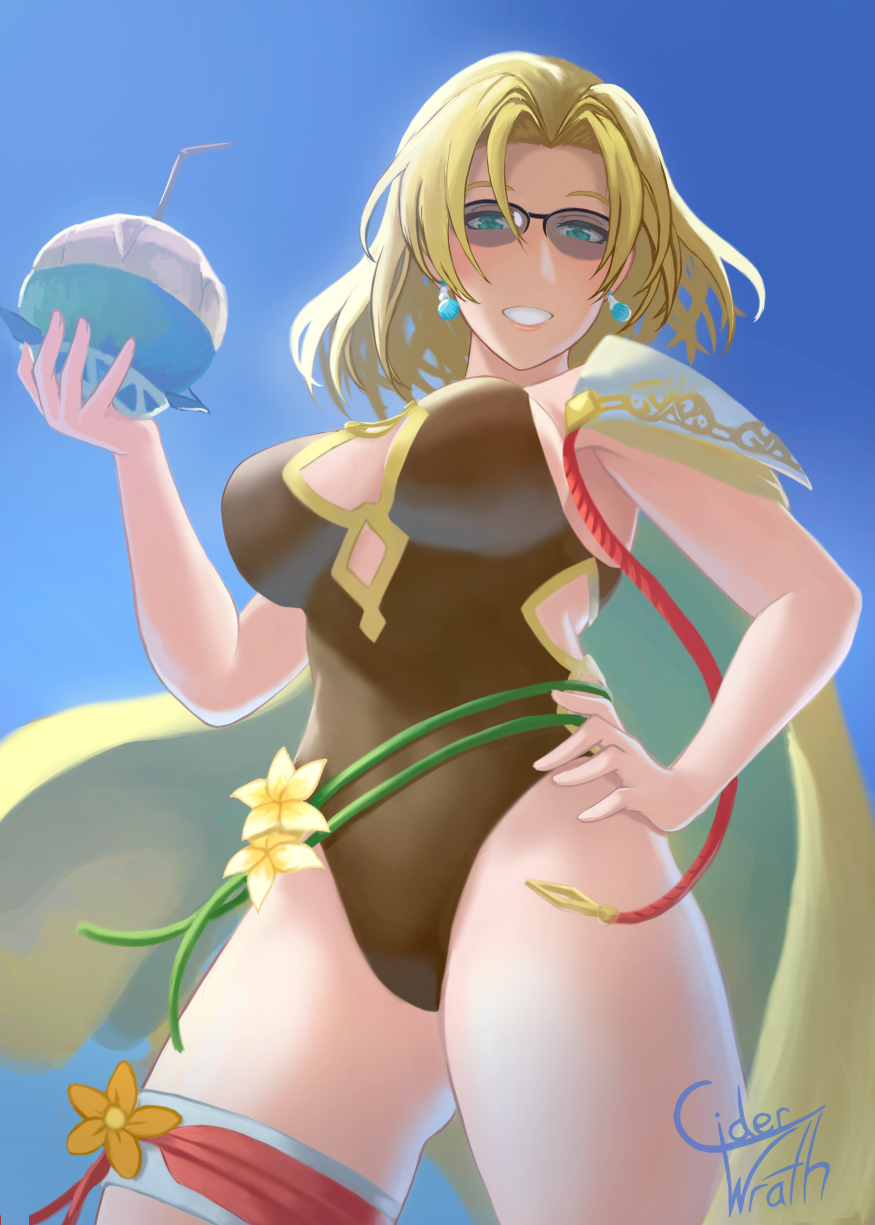 1girl alternate_costume blonde_hair blue_eyes breasts brown_one-piece_swimsuit cape ciderwrath coconut_cup earrings fire_emblem fire_emblem:_the_sacred_stones fire_emblem_heroes from_below highres jewelry large_breasts looking_at_viewer looking_down medium_hair nintendo official_alternate_costume one-piece_swimsuit selena_(fire_emblem:_the_sacred_stones) selena_(summer)_(fire_emblem:_the_sacred_stones) smile solo sunglasses swimsuit thighs tinted_eyewear