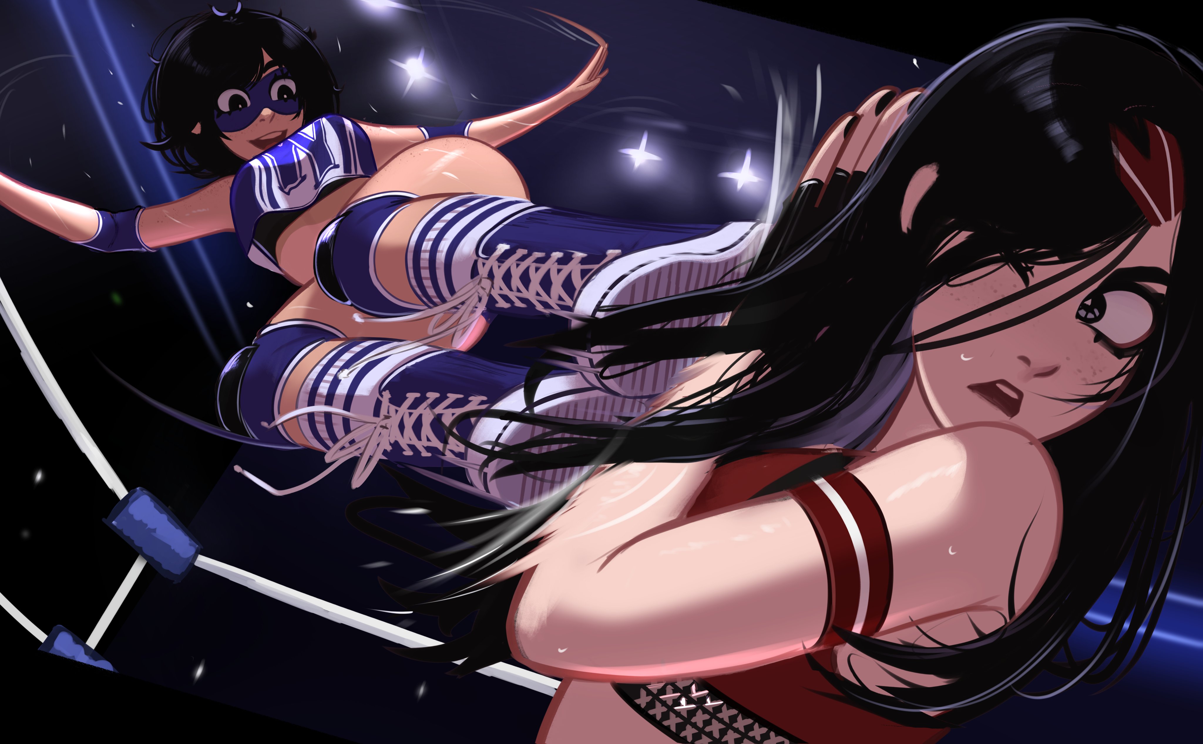 2girls absurdres black_hair boots fighting flying_kick gloves highres kadence_(veyonis) kicking knee_pads lace-up_boots latvian_flag long_hair multiple_girls short_hair tank_top veyonis wrestling wrestling_outfit wrestling_ring yuna_(veyonis)