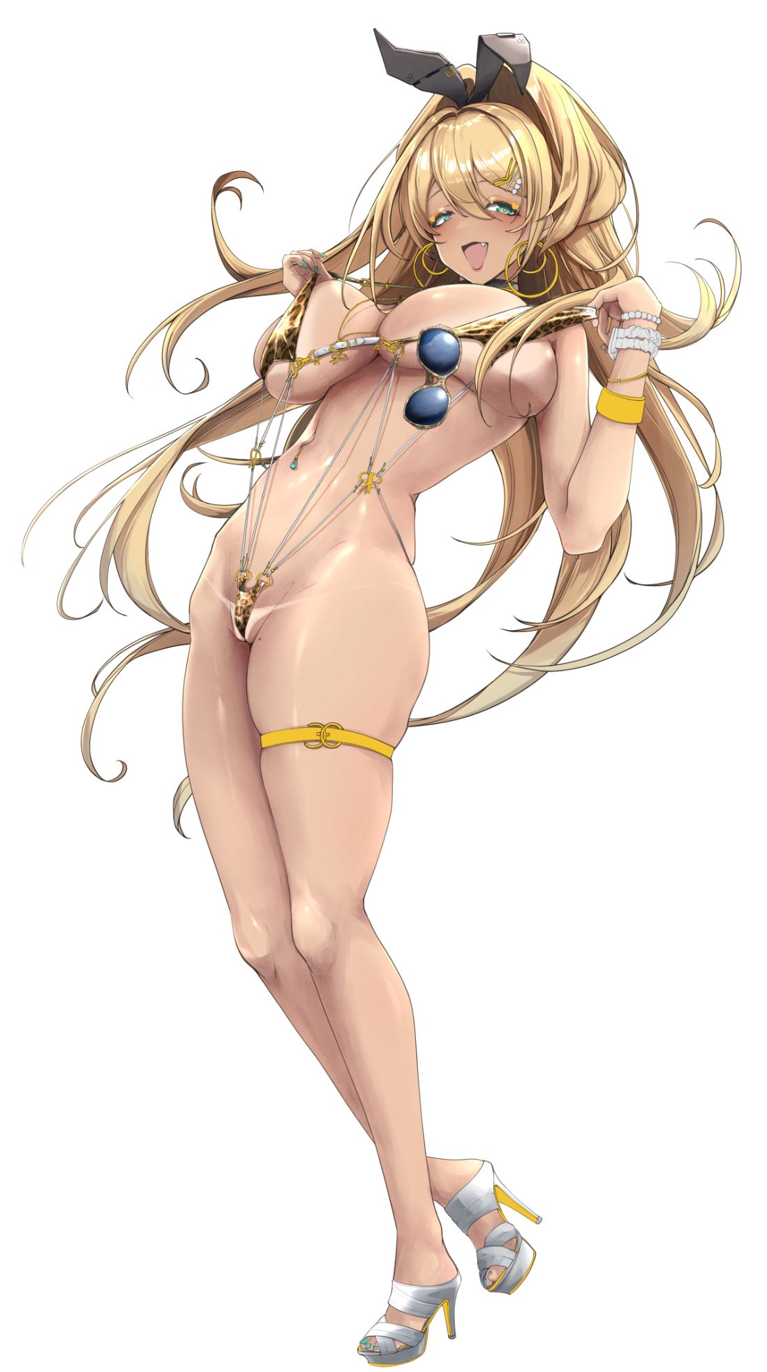 1girl :d animal_ear_hairband animal_ears animal_print black_choker blonde_hair bracelet breasts choker cleavage commentary_request earrings eyewear_hang fake_animal_ears fang floating_hair full_body goddess_of_victory:_nikke green_eyes gyaru hair_between_eyes hair_intakes hair_ornament hairband hairclip highres hoop_earrings huge_breasts hyotenka_ichido jewelry large_breasts legs leopard_print lips long_hair looking_at_viewer mole mole_on_thigh nail_polish navel navel_piercing open_mouth pearl_bracelet piercing print_slingshot_swimsuit pulling_own_clothes rabbit_ear_hairband rabbit_ears rupee_(nikke) sideboob simple_background skindentation slingshot_swimsuit_pull smile solo stomach strappy_heels tan tanline thigh_strap thighs toenail_polish toenails toes underboob unworn_eyewear very_long_hair watch white_background wristwatch yellow_eyeliner