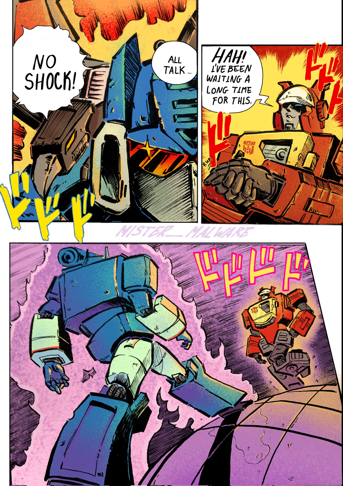 artist_name aura blaster_(transformers) blue_eyes commentary decepticon english_commentary english_text highres jojo_no_kimyou_na_bouken laserbeak mecha mecha_focus meme menacing_(jojo) mist3r_malware no_humans oh?_you're_approaching_me?_(meme) own_hands_together parted_lips robot scene_reference shadow smile soundwave_(transformers) sparkle speech_bubble stardust_crusaders transformers transformers:_generation_1 walking