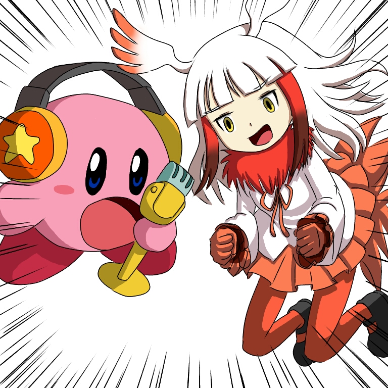 10s copy_ability duet emphasis_lines head_wings japanese_crested_ibis_(kemono_friends) kemono_friends kirby kirby_(series) microphone mike_kirby miniskirt music nintendo pantyhose simple_background singing skirt trait_connection white_background wings