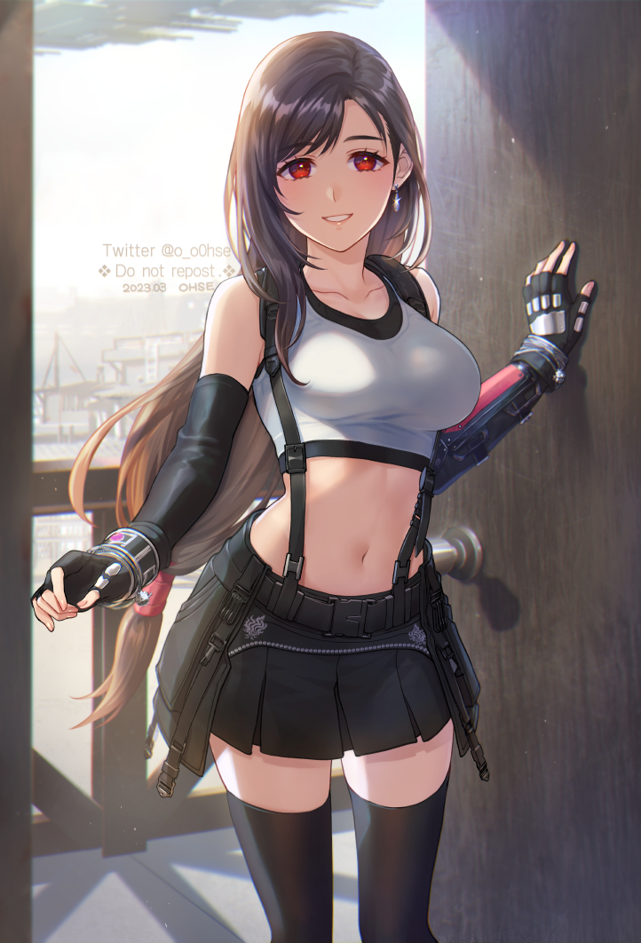 1girl black_gloves black_hair black_skirt black_thighhighs bracer breasts brown_hair commentary crop_top day door doorway earrings elbow_gloves english_commentary final_fantasy final_fantasy_vii final_fantasy_vii_remake fingerless_gloves glint gloves hand_up jewelry large_breasts long_hair looking_at_viewer low-tied_long_hair materia midriff miniskirt navel ohse parted_lips red_eyes single_earring skirt solo stomach suspender_skirt suspenders symbol-only_commentary tank_top thighhighs tifa_lockhart watermark white_tank_top zettai_ryouiki