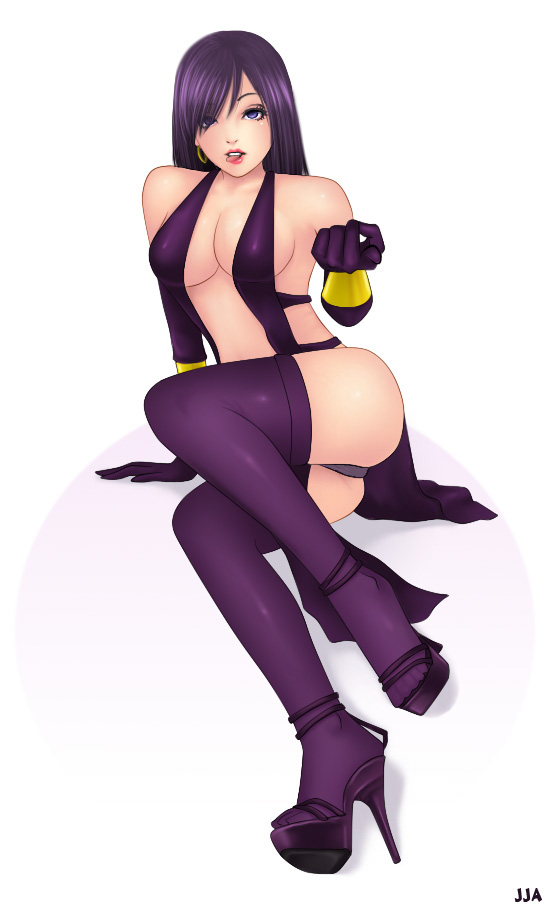 1girl :p breasts female_focus high_heels khalitzburg_(user_2274420) large_breasts looking_at_viewer no_bra platform_footwear platform_heels platform_sandals purple_eyes purple_hair purple_thighhighs revealing_clothes sandals shoe_soles simple_background solo thighhighs tongue tongue_out white_background