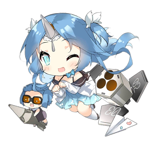 +_+ 2girls :d black_shoes blue_bow blue_bowtie blue_dress blue_eyes blue_hair blush blush_stickers bow bowtie brown_dress chibi dress fairy_(girls&#039;_frontline) fang full_body girls&#039;_frontline goggles hair_bow halterneck heart_sticker holding_rocket horns long_hair long_sleeves looking_at_viewer multiple_girls multishot_rocket_launcher off-shoulder_dress off_shoulder official_art one_eye_closed one_side_up open_mouth orange-tinted_eyewear paper_airplane paw_pose rocket rocket_fairy_(girls&#039;_frontline) rocket_launcher saru shoes simple_background single_horn sleeves_past_wrists slit_pupils smile socks third-party_source tinted_eyewear transparent_background weapon white_bow white_socks