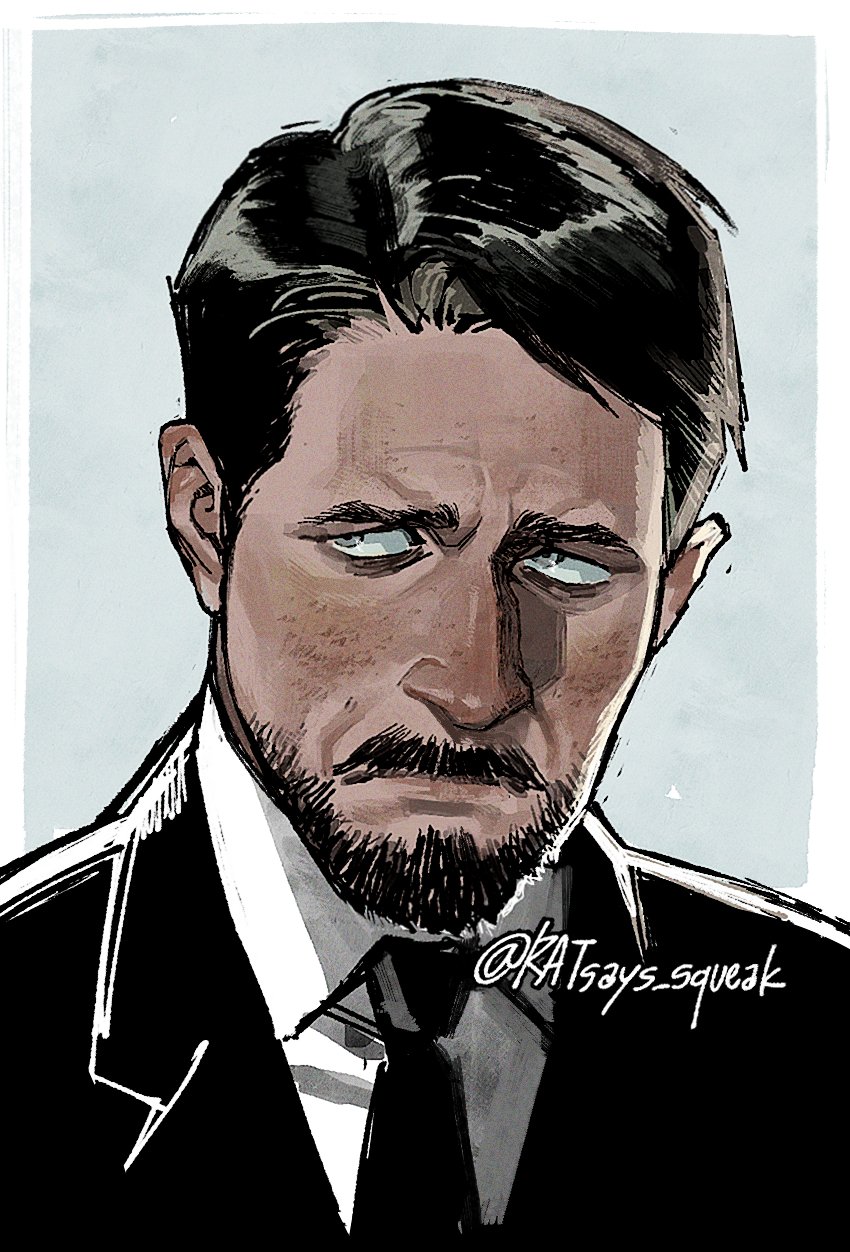 1boy beard black_hair black_necktie blue_background border disco_elysium facial_hair grey_eyes highres jean_vicquemare looking_to_the_side male_focus mustache necktie portrait ratsays_squeak sanpaku short_hair sideways_glance signature simple_background solo twitter_username white_border