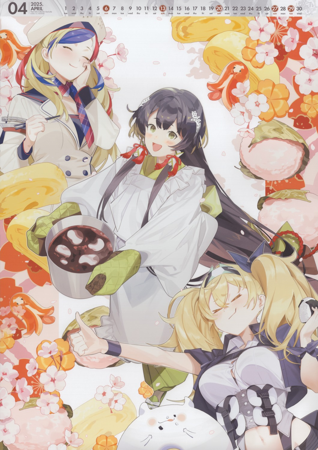 3girls abyssal_ship akira_(kadokawa) april apron bad_link beret black_hair blonde_hair blue_hair calendar_(medium) cherry_blossoms closed_eyes commandant_teste_(kancolle) cooking_pot enemy_lifebuoy_(kancolle) food gambier_bay_(kancolle) gambier_bay_mk_ii_(kancolle) green_eyes green_kimono hand_on_own_hip hat highres japanese_clothes kantai_collection kappougi kimono long_hair mizuho_(kancolle) mochi multicolored_hair multiple_girls official_art oven_mitts red_hair streaked_hair thumbs_up twintails upper_body