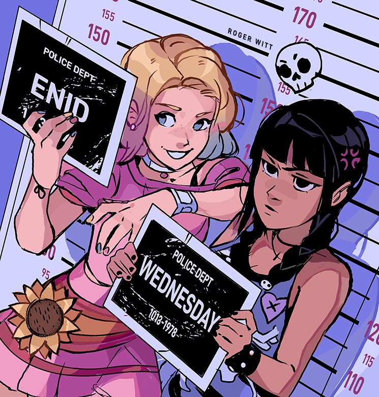 2girls addams_family anger_vein animification annoyed barbie_mugshot_(meme) bare_shoulders black_eyes black_nails blonde_hair blue_eyes blue_hair blue_nails blunt_bangs braid character_name choker dress earrings english_text enid_sinclair flower freckles gradient_hair grin height_chart height_mark holding holding_sign jewelry jitome medium_hair meme multicolored_hair multiple_girls nail_polish pink_dress pink_hair pink_nails rogerwitt shadow short_hair sideways_glance sign skull sleeveless smile sunflower teeth twin_braids wednesday_(netflix) wednesday_addams yellow_nails