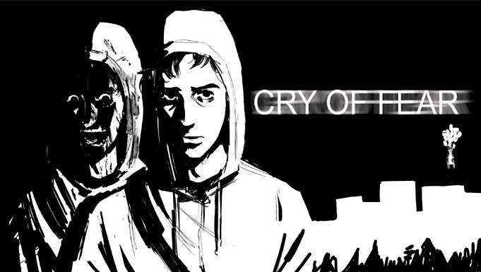 2boys bag bags_under_eyes black_eyes black_hair blood blood_on_clothes blood_on_face cityscape crazy_grin cry_of_fear dual_persona english_text fake_blood grass greyscale hood hood_up hoodie looking_at_another monochrome multiple_boys neo_jpeg shadow shoulder_bag silhouette simon_henriksson simon_henriksson_(book) standing teeth upper_body upper_teeth_only white_hoodie