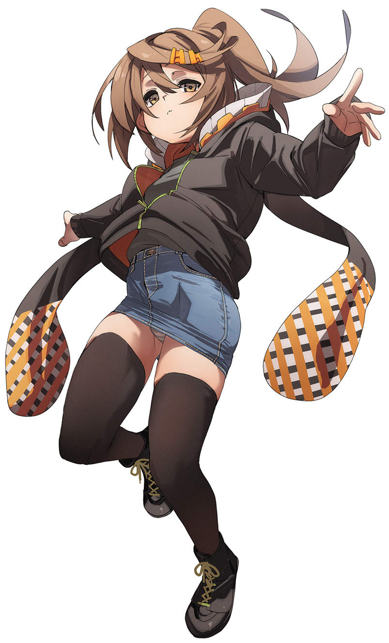 1girl black_jacket black_shoes black_thighhighs blue_skirt brown_eyes brown_hair closed_mouth commentary_request fu-ta highres jacket long_sleeves looking_at_viewer original panties pantyshot ponytail shoes short_hair simple_background skirt solo standing striped_clothes striped_panties thighhighs underwear usami_taiga white_background