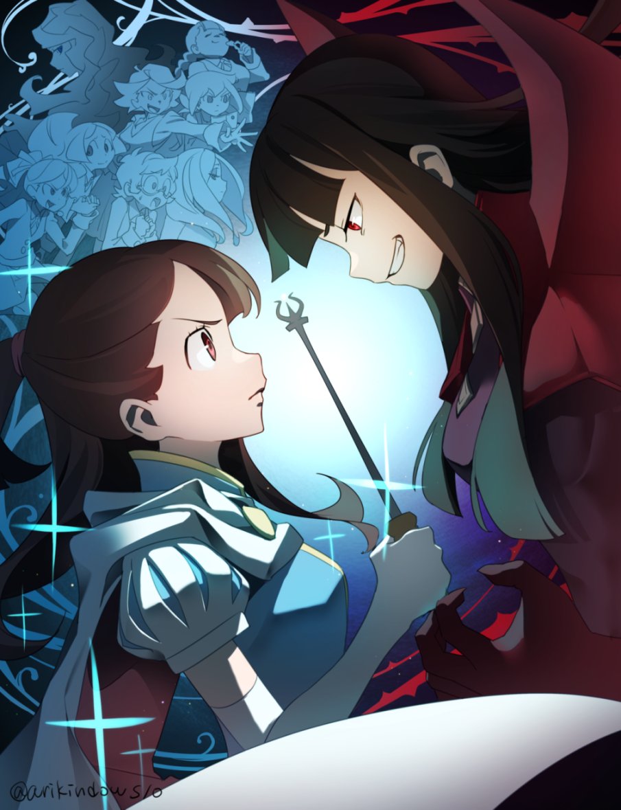 6+girls amanda_o&#039;neill arikindows10 artist_name barbara_parker black_hair blue_background brown_hair cape commission constanze_amalie_von_braunschbank-albrechtsberger diana_cavendish elbow_gloves evil_smile face-to-face gloves hannah_england holding holding_wand jasminka_antonenko kagari_atsuko little_witch_academia lotte_jansson multiple_girls red_eyes serious skeb_commission smile sparkle spiked_shoulder_pads street_fighter_zero_2_cover sucy_manbavaran twitter_username wand witch