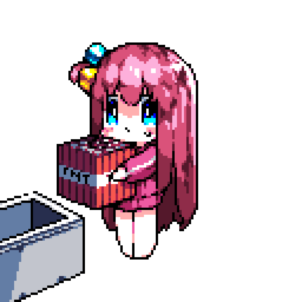 &gt;_&lt; 1girl animated animated_gif barefoot blue_eyes blush bocchi_the_rock! closed_mouth cube_hair_ornament downvote_(downvote_me) explosion explosive gotoh_hitori gotoh_hitori_(octopus) hair_ornament hashtag-only_commentary jacket long_hair minecart minecraft pink_hair pink_jacket pixel_art simple_background solo tnt tnt_block_(minecraft) track_jacket white_background