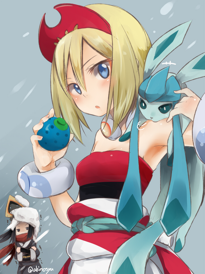 2girls akari_(pokemon) akino_shuu armpits bare_shoulders berry_(pokemon) black_eyes black_hair black_kimono blonde_hair blue_eyes breasts cleavage commentary_request crossed_arms gen_3_pokemon gen_4_pokemon glaceon grey_background hair_between_eyes hand_up holding irida_(pokemon) japanese_clothes jewelry kimono multiple_girls neck_ring nintendo obi on_shoulder oran_berry parted_lips pokemon pokemon_(creature) pokemon_legends:_arceus red_shirt sash shirt small_breasts snorunt snow_on_head snowing strapless strapless_shirt trembling twitter_username v-shaped_eyebrows