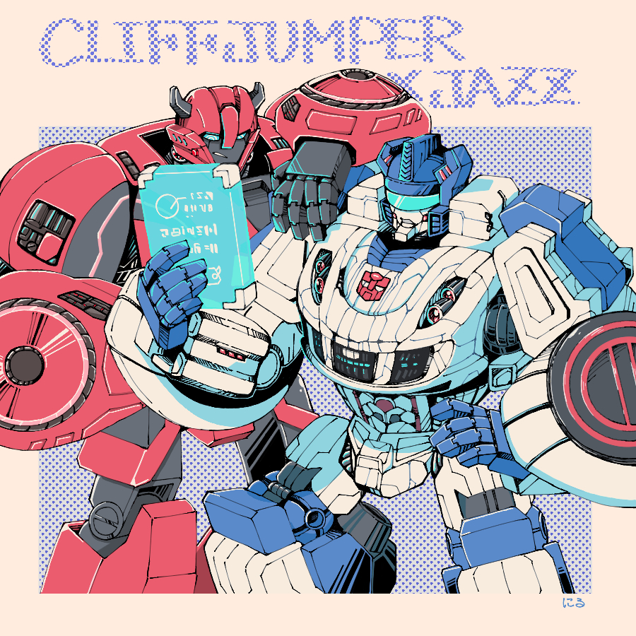 autobot character_name cliffjumper frown hand_on_another&#039;s_shoulder hand_on_own_hip holding holographic_interface horns jazz_(transformers) mecha mecha_focus meha_focus niru_(xxxnir) no_humans robot science_fiction transformers transformers:_fall_of_cybertron