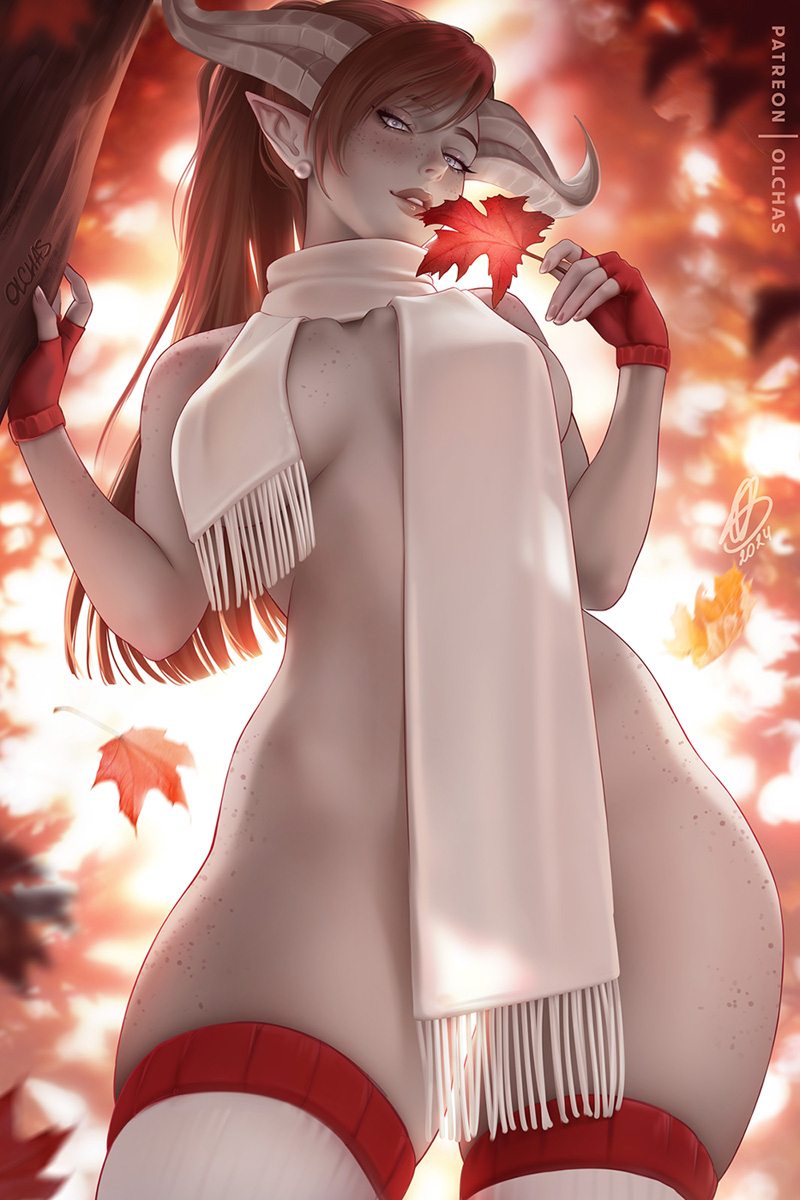 1girl artist_name autumn_leaves breasts brown_hair colored_skin convenient_censoring draenei earrings fingerless_gloves freckles gloves grey_eyes grey_skin highres horns jewelry large_breasts leaf lips long_hair looking_at_viewer nude olchas original outdoors pearl_earrings pointy_ears ponytail scarf solo thighhighs white_scarf
