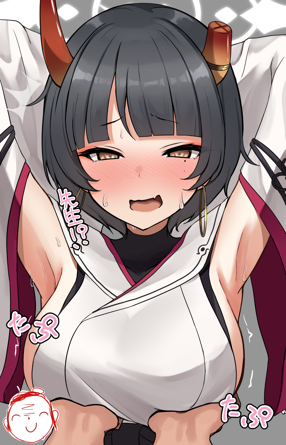 1girl armpits arms_behind_head arms_up black_hair blue_archive blunt_bangs blush breast_lift breasts earrings gradient_horns halo highres hoop_earrings horns jewelry large_breasts mitsumine_raimu mole mole_under_eye multicolored_horns nervous nervous_smile nervous_sweating niya_(blue_archive) open_mouth orange_horns sensei_(blue_archive) short_hair smile sweat sweatdrop unusually_open_eyes upper_body