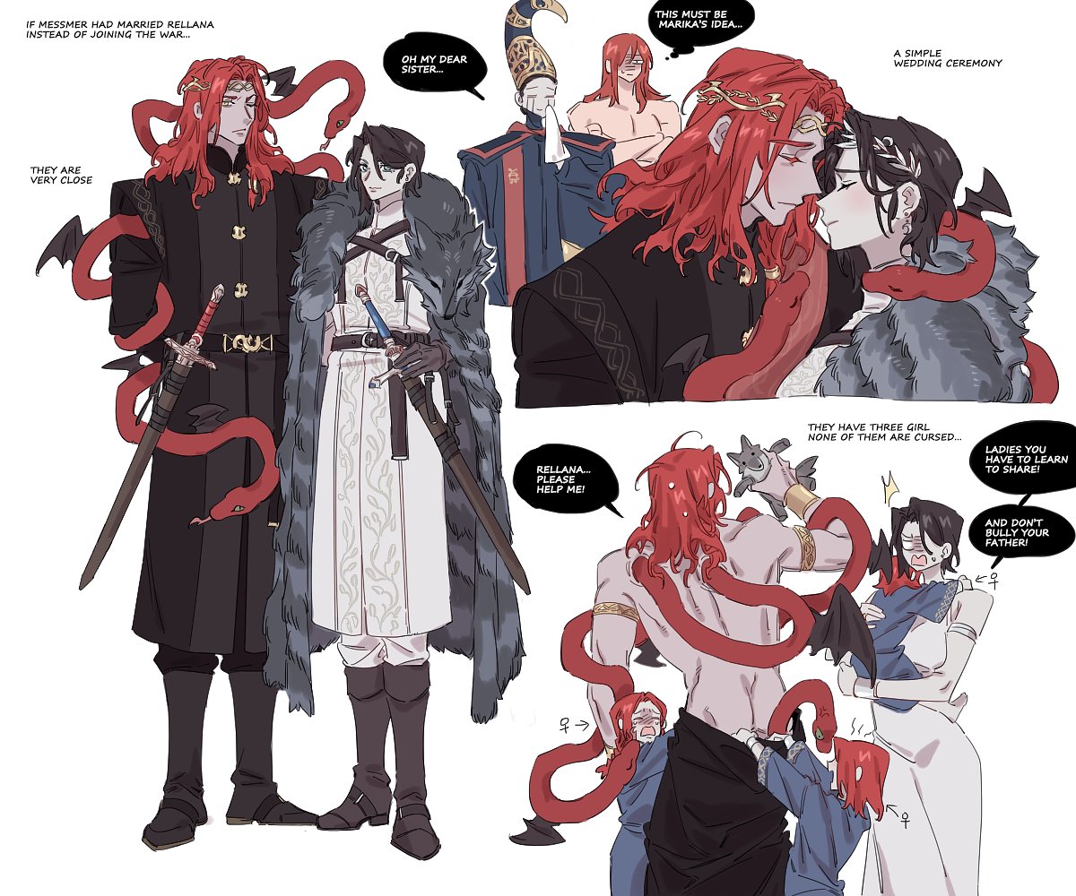 1boy 5girls armlet black_hair carrying carrying_person crown crying dress elden_ring elden_ring:_shadow_of_the_erdtree english_text father_and_daughter if_they_mated jewelry long_hair messmer_the_impaler mother_and_daughter multiple_girls nozakikotaro4 one-eyed one_eye_closed pelt radagon_of_the_golden_order red_hair rellana_twin_moon_knight rennala_queen_of_the_full_moon short_hair siblings sisters snake stuffed_animal stuffed_toy sweatdrop sword tears topless_male weapon white_background white_dress wiping_tears