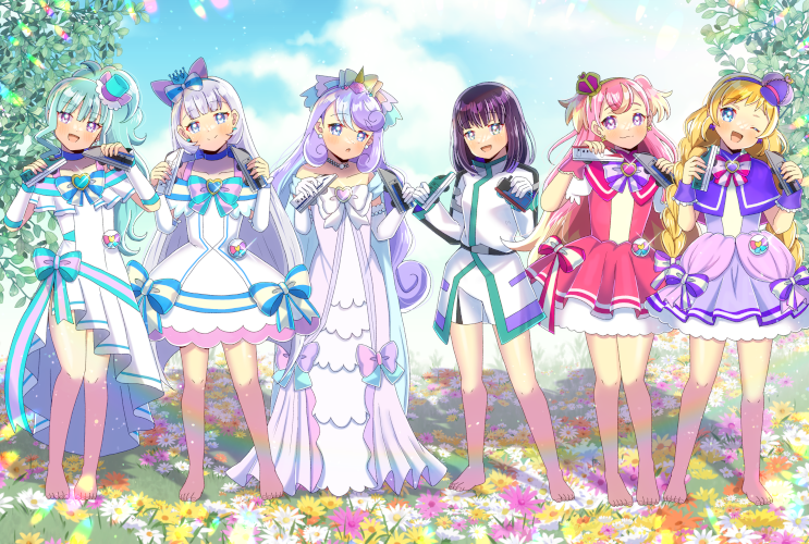 6+girls :d ;d bare_shoulders barefoot black_hairband blonde_hair blue_eyes blue_sky bow brown_hair capelet character_request closed_mouth cloud collarbone commentary_request commission crossover crown cure_friendy cure_lillian cure_nyammy cure_wonderful day dress elbow_gloves flower gloves grey_hair hairband holding inukai_iroha inukai_komugi jacket kou_hiyoyo mini_crown multicolored_hair multiple_girls nekoyashiki_mayu nekoyashiki_yuki nico-sama off-shoulder_dress off_shoulder one_eye_closed open_mouth outdoors pink_dress pink_flower pink_hair precure purple_capelet purple_dress purple_eyes purple_hair shinkalion_(series) shinkansen_henkei_robo_shinkalion shorts skeb_commission sky smile standing striped_bow tilted_headwear two-tone_hair white_dress white_flower white_gloves white_jacket white_shorts wonderful_precure! yellow_flower