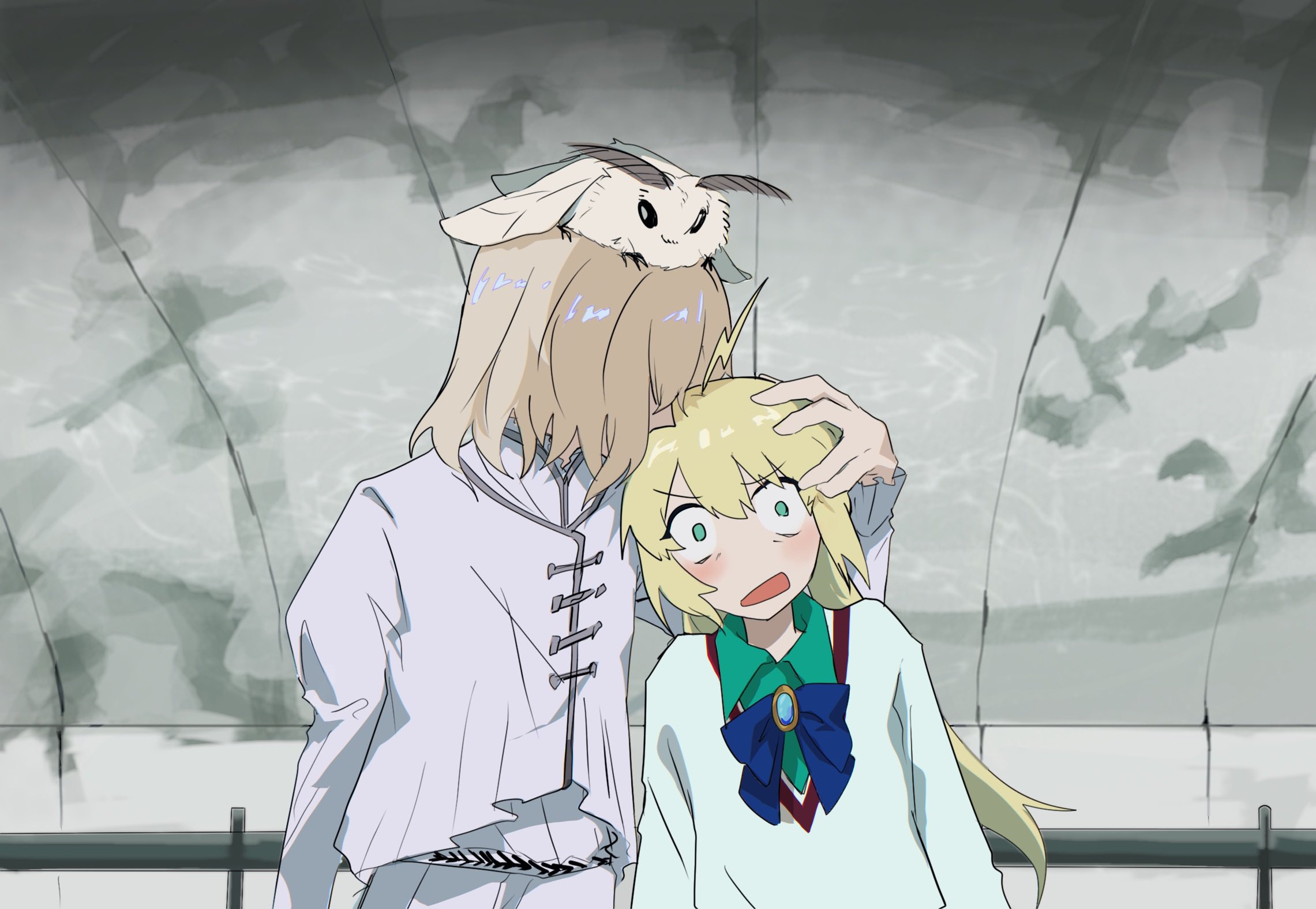 1boy 1girl ahoge artoria_caster_(fate) artoria_pendragon_(fate) blanca_(fate) blonde_hair blush bug collared_shirt fate/grand_order fate_(series) fuyotan green_eyes gundam gundam_gquuuuuux hand_on_another's_head highres insect long_hair long_sleeves medium_hair moth neck_ribbon oberon_(fate) oberon_(second_ascension)_(fate) open_mouth parody ribbon scene_reference shirt smelling smelling_hair sweater twintails wide-eyed