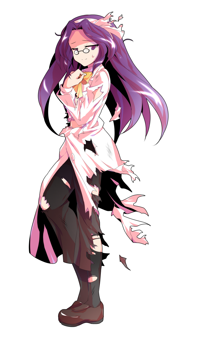 1girl asakura_rikako black_socks bow bow_hairband bowtie brown_pants brown_shoes closed_mouth coat commentary_request curtained_hair dairi defeat floating_hair from_side glasses hairband half-closed_eyes hand_on_own_chest hand_up highres large_variant_set loafers long_coat long_hair long_sleeves looking_at_viewer pants phantasmagoria_of_dim.dream pince-nez pink_bow pink_coat pink_hairband pink_shirt purple_eyes purple_hair raised_inner_eyebrows shirt shoes simple_background smile socks solo split_mouth standing sweatdrop tachi-e torn_bow torn_clothes torn_coat torn_pants torn_shirt torn_socks touhou touhou_(pc-98) transparent_background variant_set very_long_hair yellow_bow yellow_bowtie
