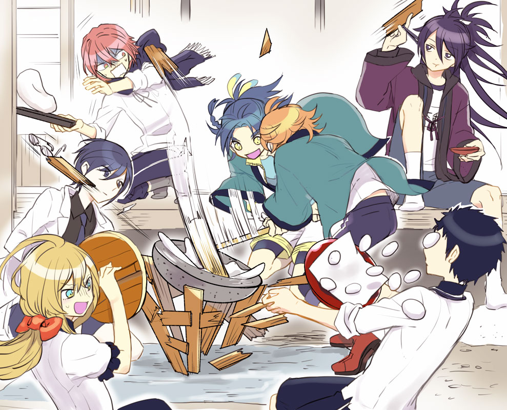 10s 6+boys :t atsushi_toushirou between_fingers black_hair blonde_hair blue_eyes blue_hair bow braid brown_hair eating unworn_eyewear feather_hair_ornament feathers food fudou_yukimitsu glasses gotou_toushirou hair_bow hair_ornament holding hood hoodie in_the_face kuronomine lab_coat male_focus mallet midare_toushirou mochi mochitsuki multiple_boys necktie open_mouth ponytail purple_eyes purple_hair red_hair scarf shinano_toushirou shorts sitting taikogane_sadamune touken_ranbu wagashi yagen_toushirou yellow_eyes