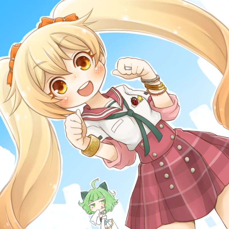 2girls :d ahoge blonde_hair blue_background blue_ribbon blue_sky blush bow bracelet breast_pocket buttons commentary_request cowboy_shot dutch_angle green_hair hair_bow hands_up jewelry kamihama_university_affiliated_school_uniform kisaki_emiri layered_sleeves long_hair long_sleeves looking_at_viewer magia_record:_mahou_shoujo_madoka_magica_gaiden mahou_shoujo_madoka_magica miniskirt miyako_hinano multiple_bracelets multiple_girls neck_ribbon open_mouth plaid_clothes plaid_skirt pleated_skirt pocket red_sailor_collar red_skirt ribbon ring sailor_collar sailor_shirt school_uniform serafuku shirt short_over_long_sleeves short_sleeves skirt sky smile solo_focus standing twintails very_long_hair white_shirt zangetsumaru
