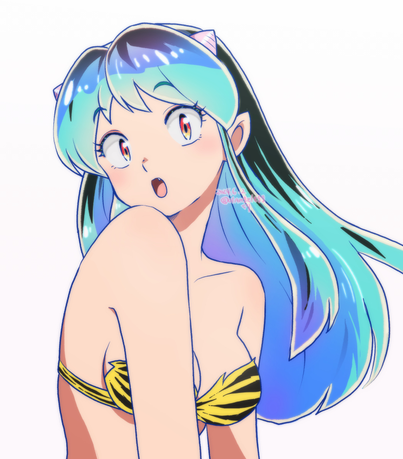 01angelegg 1girl animal_print bare_arms black_hair blue_hair bra breasts cleavage collarbone fang floating_hair horns looking_at_viewer lum medium_breasts multicolored_hair open_mouth orange_eyes print_bra short_hair simple_background solo strapless strapless_bra striped_bra striped_clothes tiger_print underwear upper_body urusei_yatsura watermark white_background yellow_bra