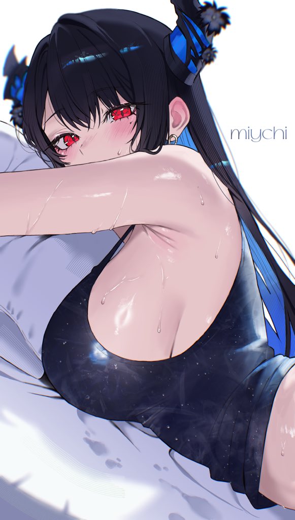 1girl armpit_crease asymmetrical_horns blush breasts colored_inner_hair demon_horns flower hololive hololive_english horn_flower horns miychi mole mole_under_eye multicolored_hair nerissa_ravencroft sideboob sweat two-tone_hair uneven_horns virtual_youtuber