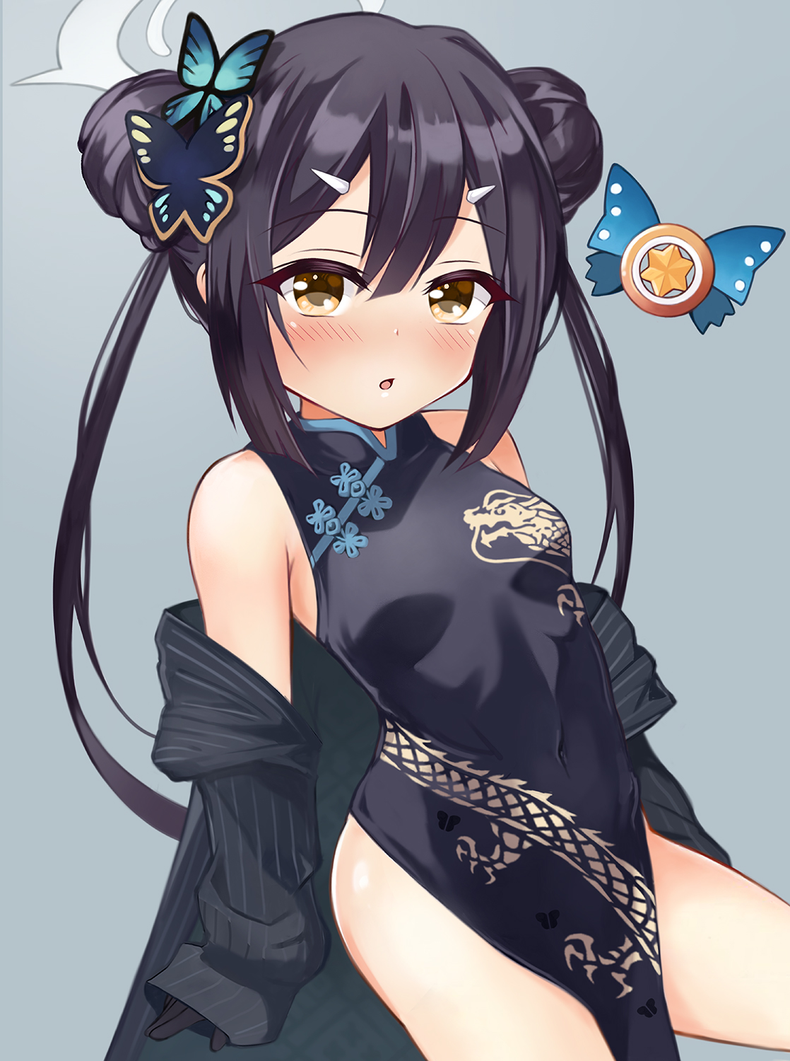 1girl bare_shoulders black_dress black_gloves black_hair blue_archive blush breasts brown_eyes butterfly_hair_ornament china_dress chinese_clothes coat cosplay double_bun dragon_print dress fate/kaleid_liner_prisma_illya fate_(series) gloves grey_coat hair_bun hair_ornament hairclip half_gloves halo highres kisaki_(blue_archive) kisaki_(blue_archive)_(cosplay) long_hair long_sleeves looking_at_viewer magical_sapphire miyu_edelfelt mochi_(k620803n) off_shoulder open_mouth pelvic_curtain pinstripe_pattern short_dress side_slit small_breasts striped_coat thighs twintails vertical-striped_coat