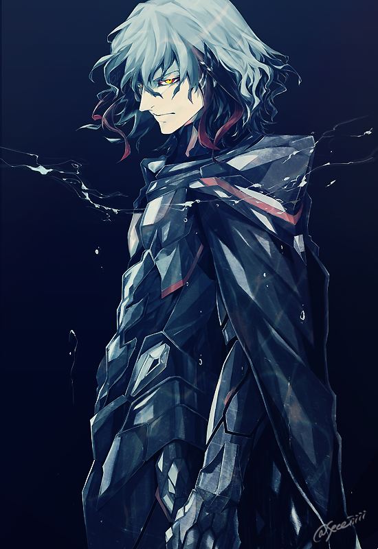 1boy arm_at_side armor black_armor black_background closed_mouth commentary_request expressionless fate/grand_order fate_(series) hair_between_eyes male_focus multicolored_hair odysseus_(fate) sei_8220 short_hair signature simple_background solo streaked_hair water_drop yellow_eyes