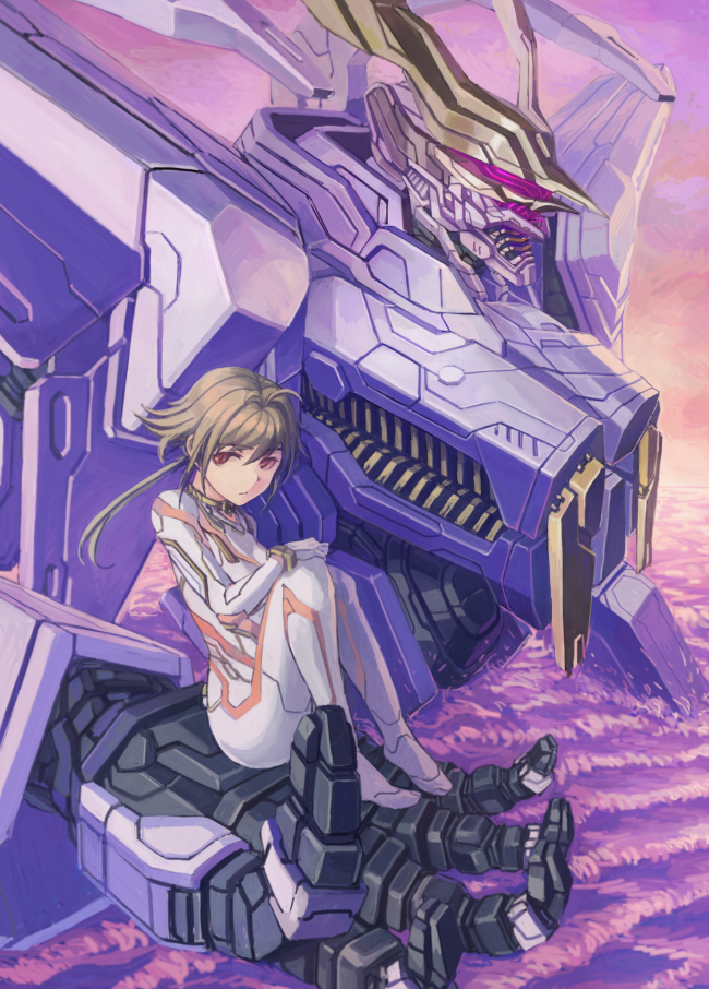 1girl :/ antenna_hair bodysuit closed_mouth hair_between_eyes hand_on_own_knee light_brown_hair long_hair mecha original pilot_suit pink_eyes ponytail robot science_fiction sitting vaison water white_bodysuit