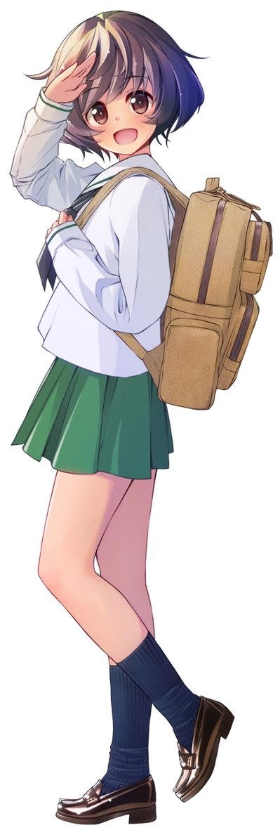 1girl akiyama_yukari backpack bag black_neckerchief black_socks blouse brown_eyes brown_hair brown_shoes chuutaro_metal commentary from_side full_body girls_und_panzer green_skirt loafers long_sleeves looking_at_viewer messy_hair miniskirt neckerchief ooarai_school_uniform open_mouth pleated_skirt sailor_collar salute school_uniform serafuku shirt shoes short_hair simple_background skirt smile socks solo standing standing_on_one_leg white_background white_sailor_collar white_shirt