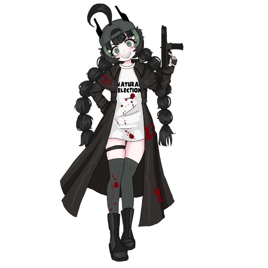 1girl ahoge black_boots black_coat black_hair blood blood_on_clothes boots braid coat commentary elfinpsyop english_commentary evil_grin evil_smile full_body green_eyes green_hair grey_thighhighs grin gun holding holding_gun holding_weapon huge_ahoge indie_virtual_youtuber looking_at_viewer multicolored_hair nonoxnobody_(artist) shirt simple_background smile solo standing streaked_hair thighhighs trench_coat twin_braids virtual_youtuber weapon white_background white_shirt