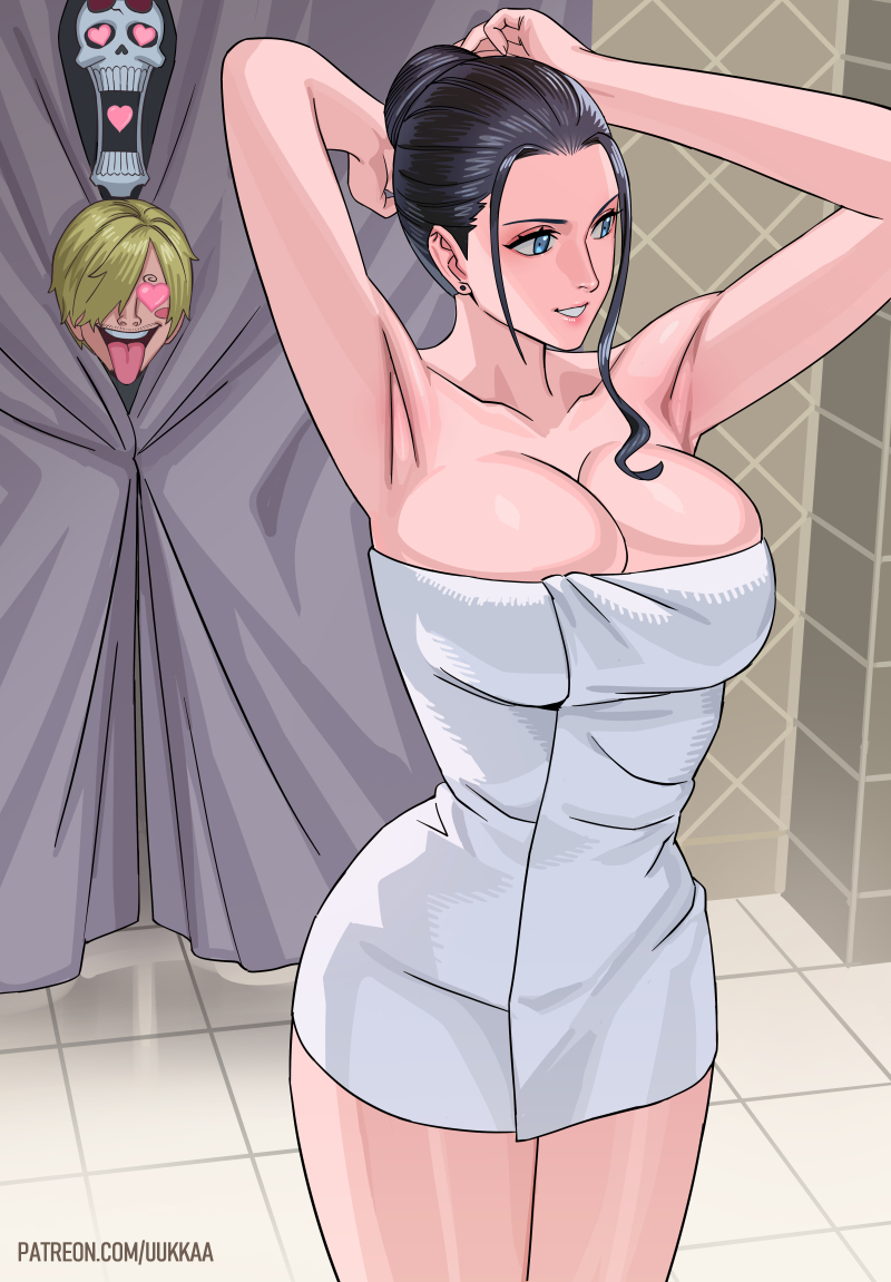 2boys bare_shoulders black_hair blue_eyes breasts brook_(one_piece) cleavage collarbone large_breasts multiple_boys nico_robin one_piece sanji_(one_piece) towel uukkaa