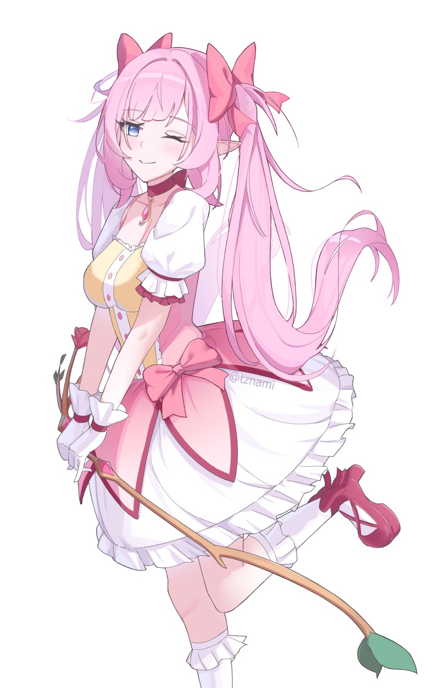 1girl ;) ankle_bow ankle_ribbon blush bow bow_(weapon) breasts choker closed_mouth cosplay dress elysia_(honkai_impact) gloves hair_bow highres holding holding_bow_(weapon) holding_weapon honkai_(series) honkai_impact_3rd kaname_madoka kaname_madoka_(cosplay) kaname_madoka_(magical_girl) long_hair mahou_shoujo_madoka_magica mahou_shoujo_madoka_magica_(anime) nami_(tznami) one_eye_closed pink_bow pink_choker pink_dress pink_gemstone pink_hair pink_pupils pink_shoes pointy_ears purple_eyes ribbon shoes short_sleeves simple_background smile socks solo twintails twitter_username weapon white_background white_gloves white_socks