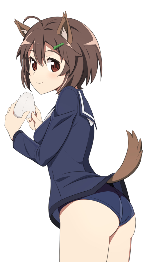 10s 1girl ahoge animal_ear_fluff animal_ears blush brave_witches brown_eyes brown_hair commentary_request dog_ears dog_tail female_focus food from_behind hair_ornament hairclip karibuchi_hikari long_sleeves looking_back nanashino one-piece_swimsuit onigiri rice sailor_collar school_swimsuit short_hair smile solo standing strike_witches swimsuit swimsuit_under_clothes tail world_witches_series