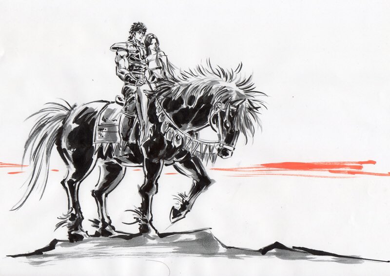 1boy 1girl hayama_jun&#039;ichi hokuto_no_ken horse horseback_riding kenshiro kokuoh_(hokuto_no_ken) marker_(medium) monochrome multiple_riders muscular riding shoulder_pads sidesaddle spot_color traditional_media yuria_(hokuto_no_ken)
