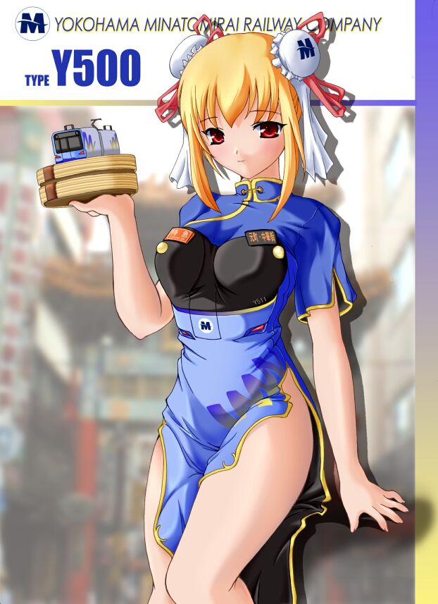 1girl 2000s_(style) archived_source ashita_yaru black_dress blonde_hair blue_dress breasts bun_cover china_dress chinese_clothes closed_mouth commentary_request double_bun dress drop_shadow hair_bun hand_up looking_at_viewer medium_breasts original pelvic_curtain personification red_eyes short_sleeves smile solo two-tone_dress