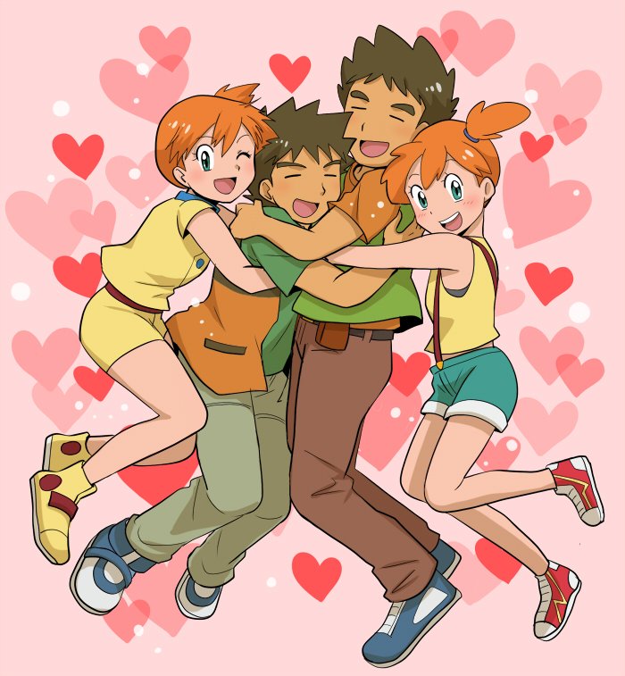 2boys 2girls asymmetrical_hair bare_shoulders blush breasts brock_(pokemon) brown_hair cowboy_shot denim denim_shorts gen_1_pokemon gintarou_(puipuiginta) gym_leader hair_between_eyes hair_bun hair_tie hat heart hug jacket legs looking_at_viewer midriff misty_(pokemon) multiple_boys multiple_girls nintendo one_eye_closed orange_hair pokemon pokemon_(anime) pokemon_(classic_anime) pokemon_dppt_(anime) pokemon_rse_(anime) ponytail shiny_skin shirt shoes short short_hair short_shorts shorts side_ponytail simple_background single_hair_bun smile solo tank_top wink