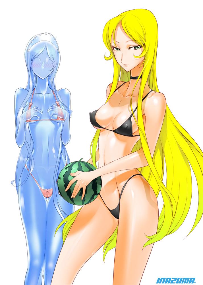 2girls bikini blonde_hair blush breasts choker claire claire_(ginga_tetsudou_999) covered_erect_nipples crystal food fruit ginga_tetsudou_999 green_eyes holding holding_food holding_fruit holding_watermelon long_hair maetel maid_headdress micro_bikini multiple_girls satou_shouji swimsuit thigh_gap thighs very_long_hair watermelon
