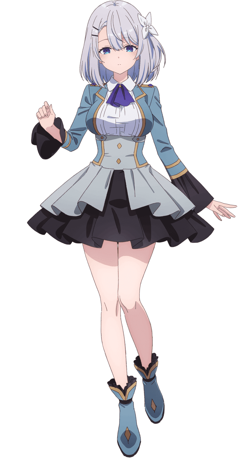 1girl black_skirt blue_boots blue_eyes boots closed_mouth collared_shirt full_body grey_hair grey_skirt hair_between_eyes hair_ornament hairclip hand_up highres hikikomari_kyuuketsuki_no_monmon long_sleeves looking_at_viewer medium_hair official_art sakuna_memoire shirt simple_background skirt solo standing swept_bangs transparent_background two-tone_skirt white_shirt