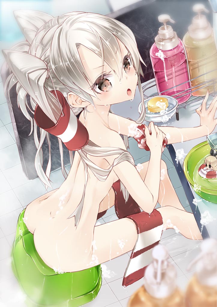 10s 1girl 218 amatsukaze_(kancolle) ass bath bathing blush brown_eyes female_focus kantai_collection long_hair looking_at_viewer messy_hair nude personification shimakaze_(kancolle) sitting soap solo striped_clothes striped_thighhighs thighhighs towel twintails water wet white_hair