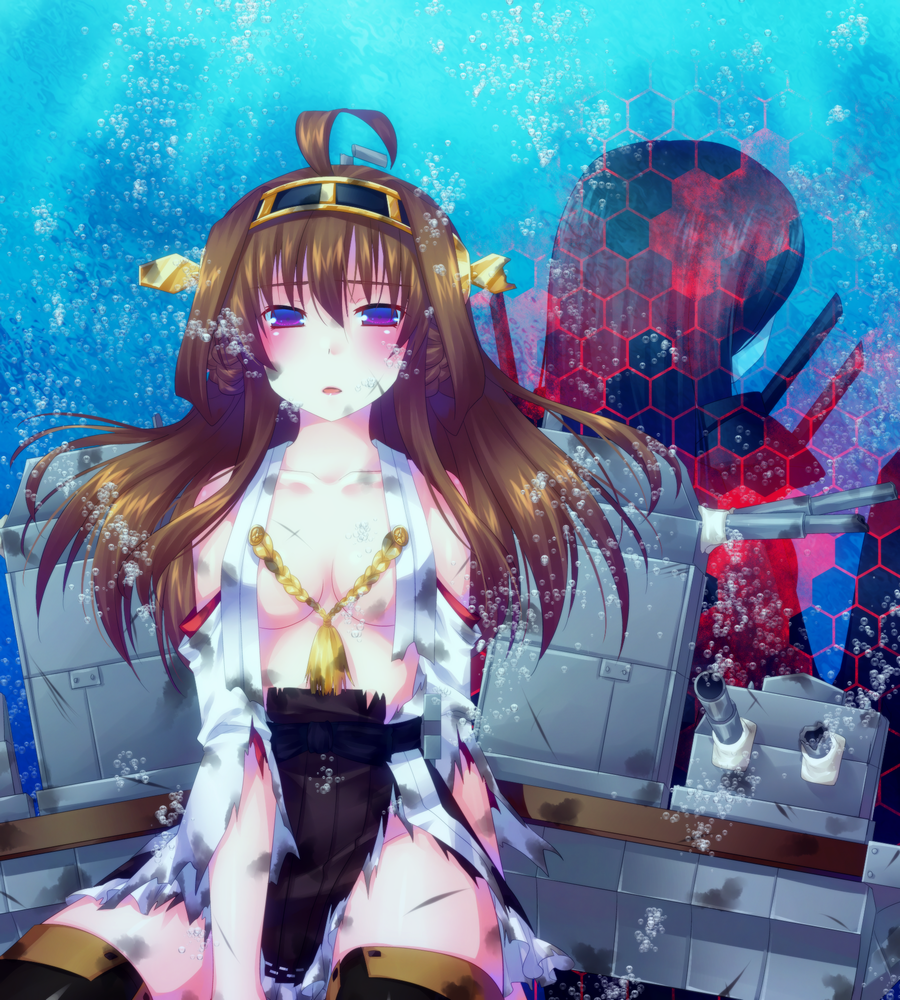 10s 2girls abyssal_ship ahoge bad_id bad_pixiv_id black_hair brown_hair bubble damaged detached_sleeves door_to_heaven hairband injury japanese_clothes kantai_collection kongou_(kancolle) long_hair looking_at_viewer machinery multiple_girls nontraditional_miko open_clothes open_mouth open_shirt purple_eyes ru-class_battleship ship_turret shirt sitting thighhighs underwater wide_sleeves
